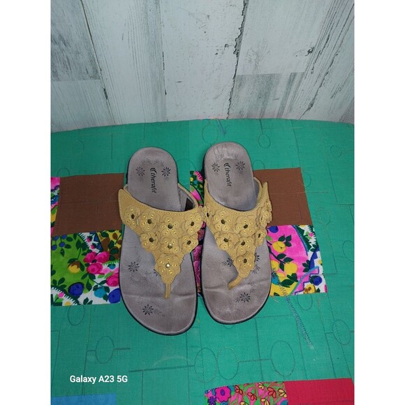 Therafit Floral Women's Adjustable Yellow Leather Sandals Size 6.5-7 - Picture 3 of 8